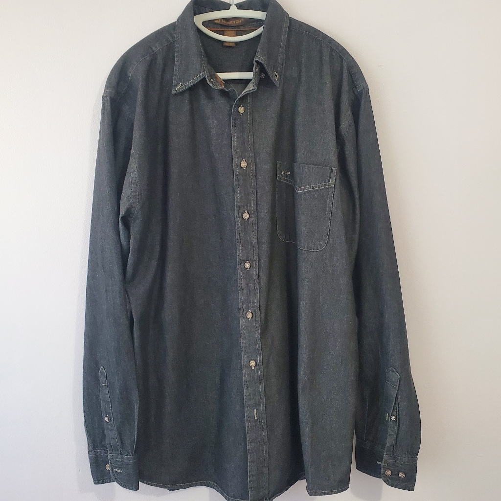 Harriton Men's Black Denim Button Down Shirt Xl/T Western Cowboy Casual Work